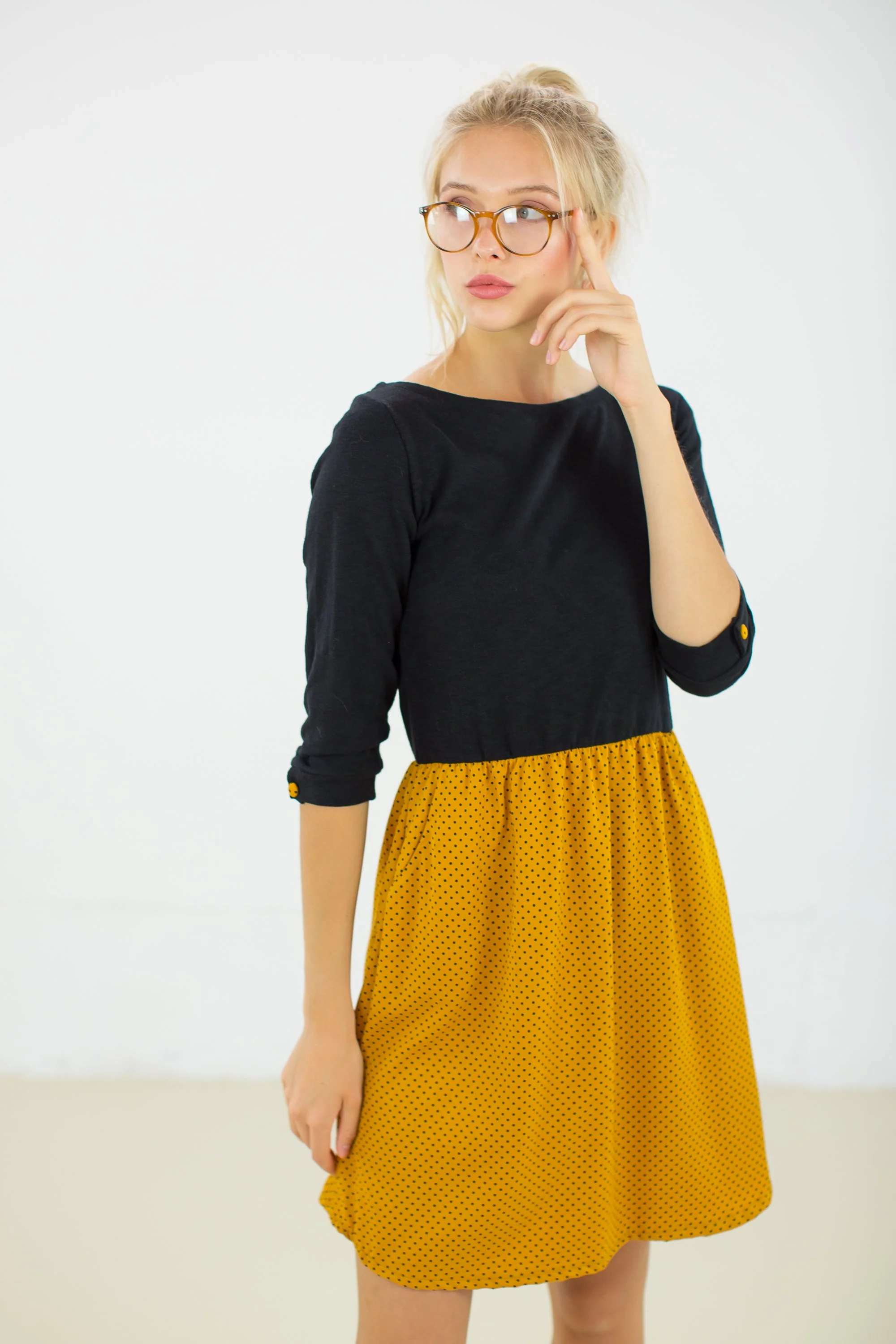 Dress Luiza Black Mustard Polka Dots - Image 10