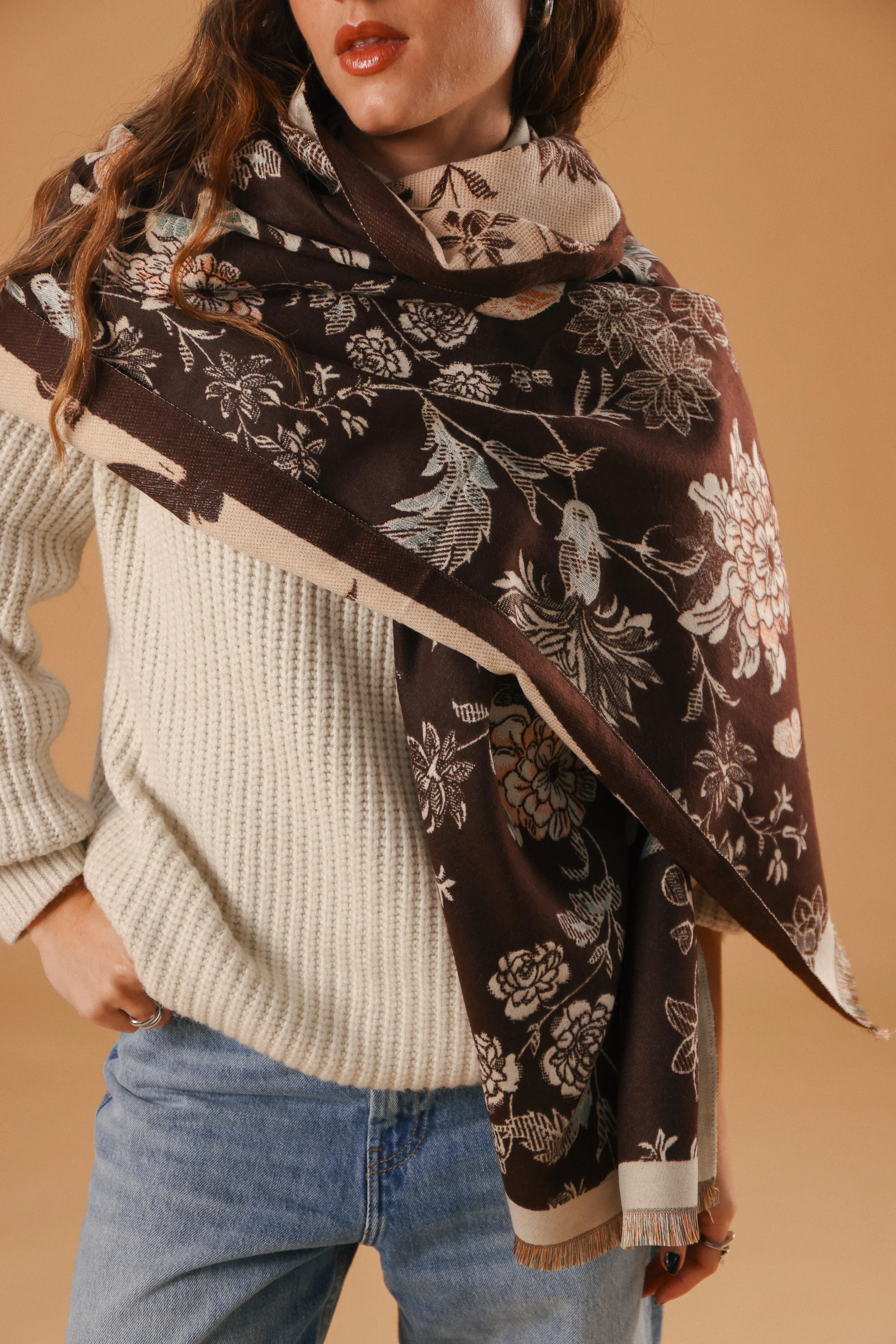 Scarf Butterflies & Flowers Brown - Image 3