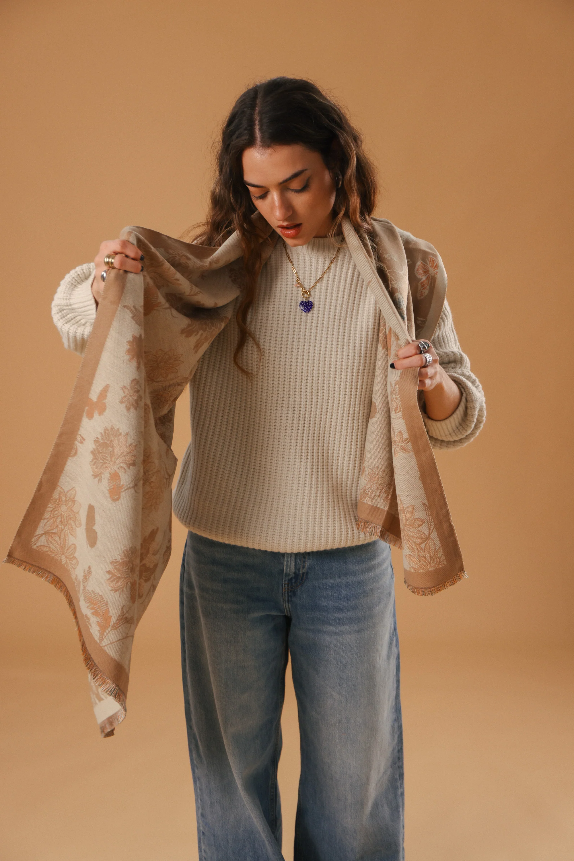Scarf Butterflies & Flowers Latte - Image 3