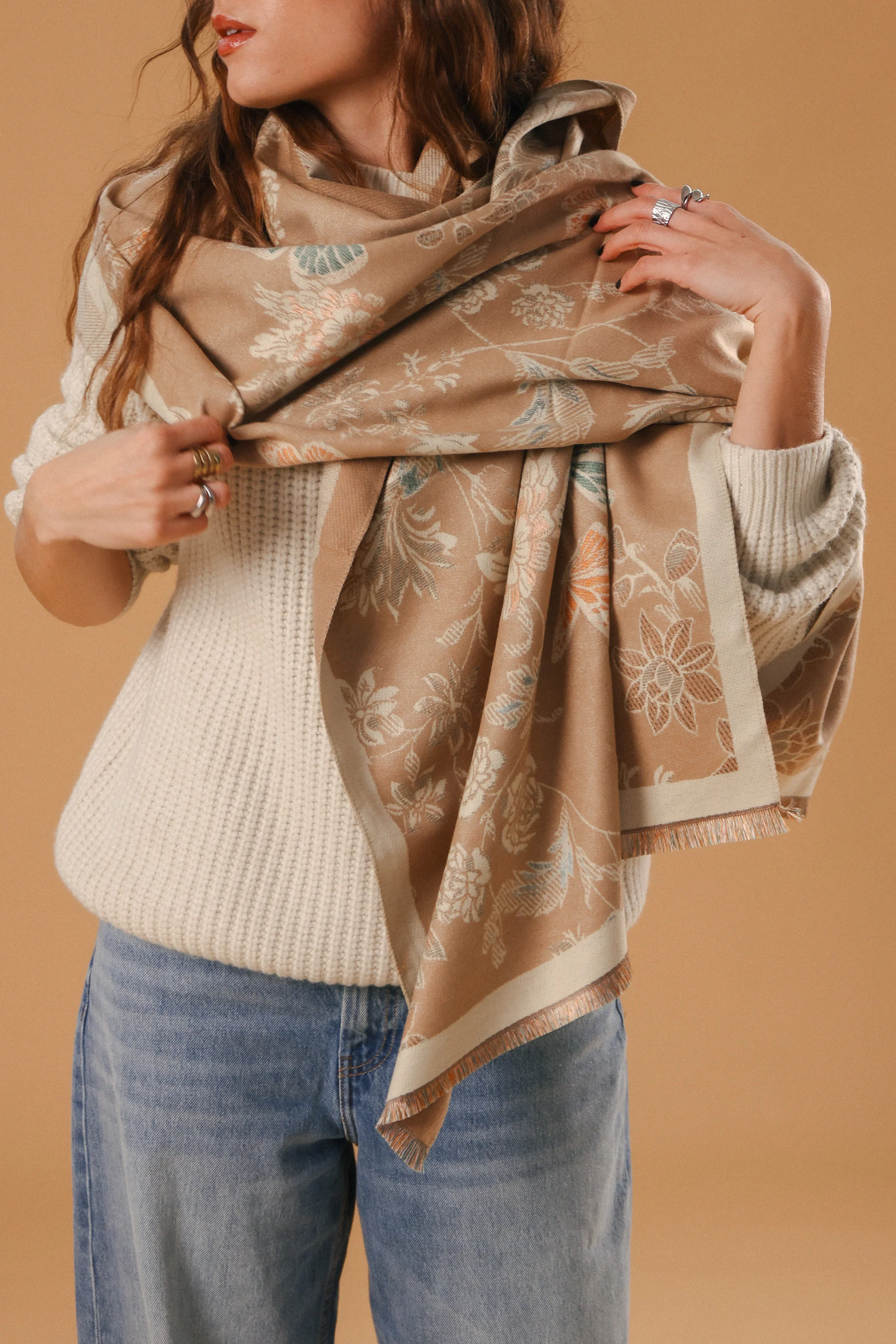 Scarf Butterflies & Flowers Latte - Image 4