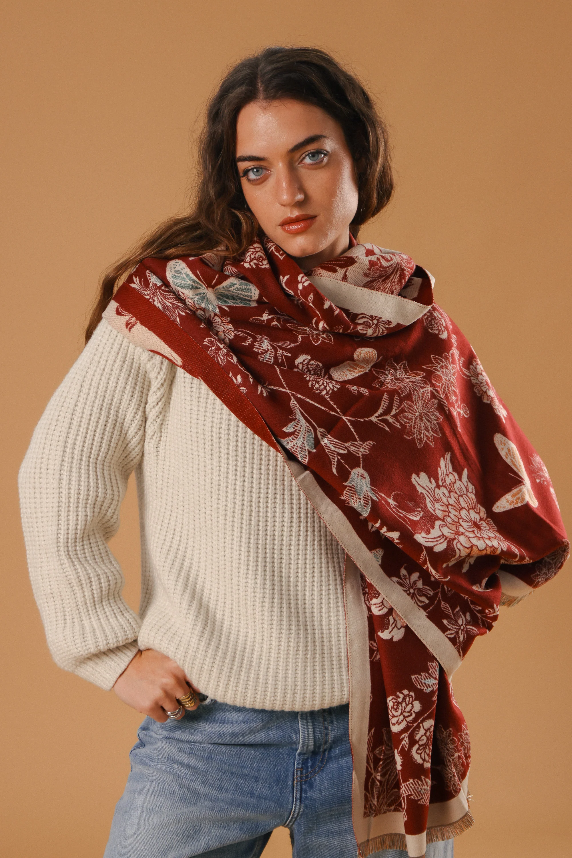 Scarf Butterflies & Flowers Burgundy - Image 4
